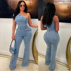 Demin Overalls Women Jumpsuits One Shoulder Mom Jeans Bodycon Long Pants Flare Pant High Waist Streetwear Y2k Slim Fit Rompers Purplish Diva