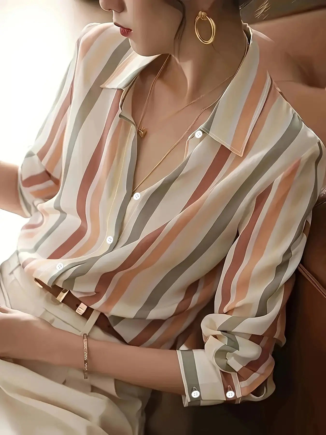 Ladies' Long-sleeved Striped Printed Versatile Casual Shirt - SJB-DIAMOND ELITES