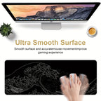 1pc Black And White Japanese Waves Sea Mouse Pad Abstract Large Gaming Mouse Pad 35.4x15.7 Inch Non-Slip Rubber Base Mousepad Stitched Edges Keyboard Desk Pad For Office Home E-sport