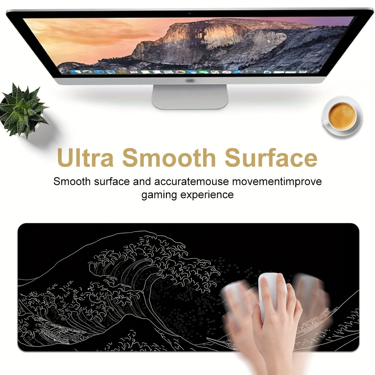 1pc Black And White Japanese Waves Sea Mouse Pad Abstract Large Gaming Mouse Pad 35.4x15.7 Inch Non-Slip Rubber Base Mousepad Stitched Edges Keyboard Desk Pad For Office Home E-sport