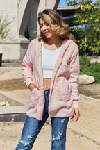 Women Full Size Teddy Hooded Jacket with Pockets Cozy Casual Jacket Comfortable Women Jacket Stevvex