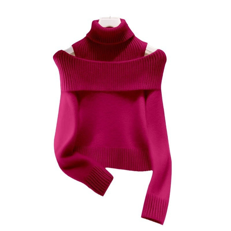 Soft Glutinous Idle Style Off-the-shoulder Bulky Turtleneck In Apricot Sweater Pi-Mart