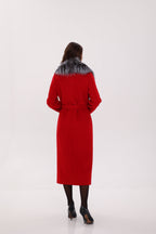 Genuine Silver Fox Virgin Wool Wrap Coat in Red - SJB-DIAMOND ELITES