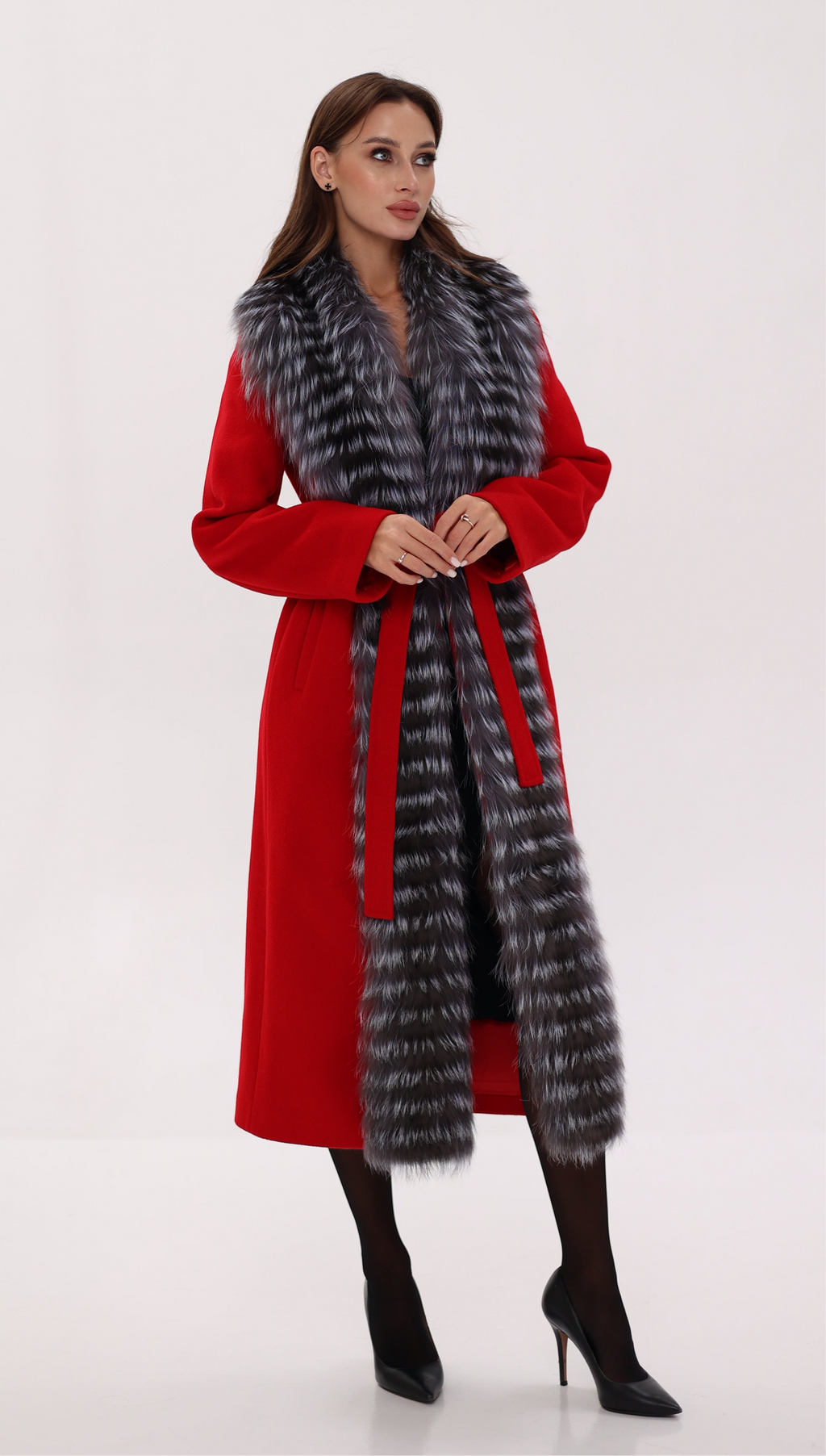 Genuine Silver Fox Virgin Wool Wrap Coat in Red - SJB-DIAMOND ELITES
