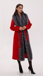 Genuine Silver Fox Virgin Wool Wrap Coat in Red - SJB-DIAMOND ELITES