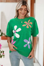 Bright Green 60s Floral Bubble Short Sleeve Knitted Top