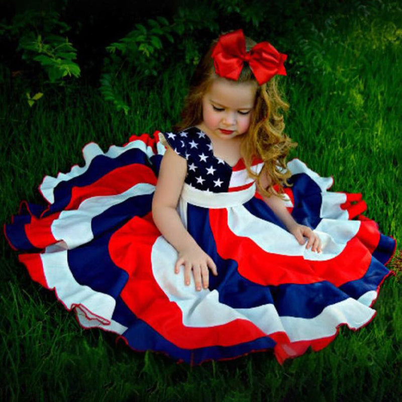 Toddler Girls' Independence Day Dress Red White & Blue Stripes And Stars Short Sleeve Twirl Dress 4th Of July Pi-Mart