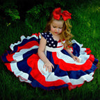 Toddler Girls' Independence Day Dress Red White & Blue Stripes And Stars Short Sleeve Twirl Dress 4th Of July Pi-Mart