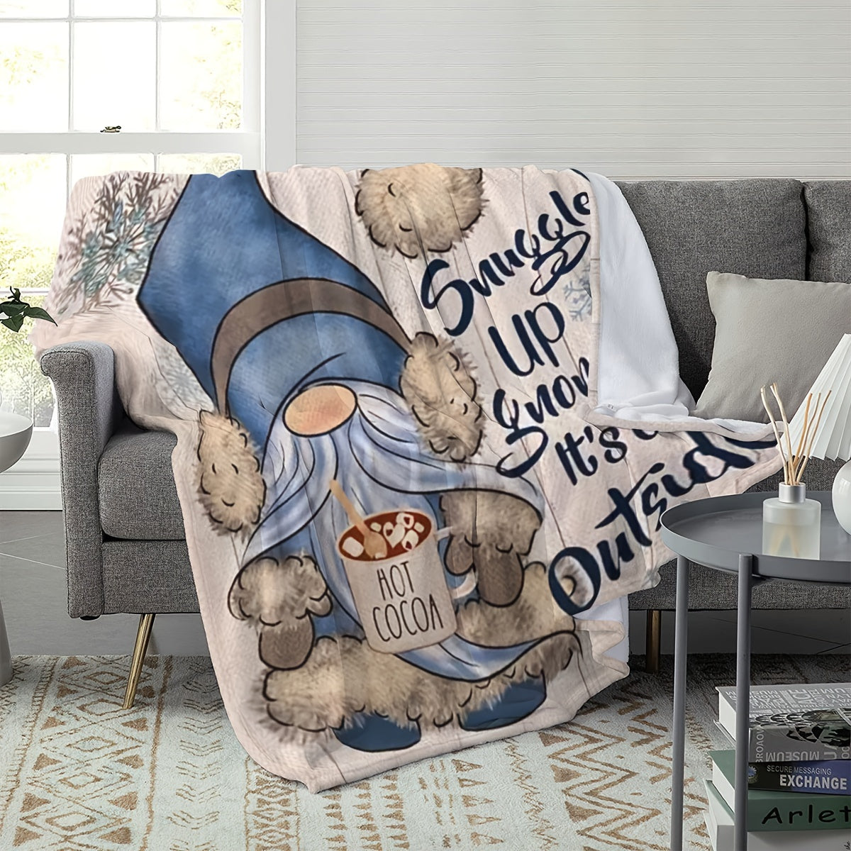 1pc Cozy Christmas Blue Gnome Printed Flannel Blanket - Soft, Warm, Multi-Purpose Shawl for Office, Home, Leg Cover - Perfect for Cold Winter Nights, Gift Idea