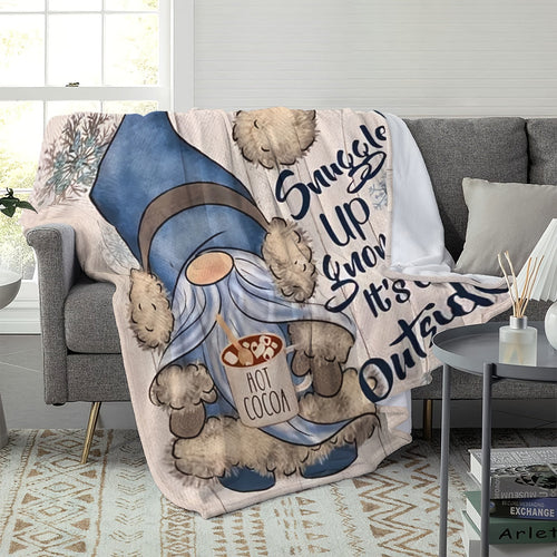 1pc Cozy Christmas Blue Gnome Printed Flannel Blanket - Soft, Warm, Multi-Purpose Shawl for Office, Home, Leg Cover - Perfect for Cold Winter Nights, Gift Idea