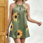 Ladies' Neck Hanging Sunflower Butterfly Print Hollow Sleeveless Casual Dress - SJB-DIAMOND ELITES