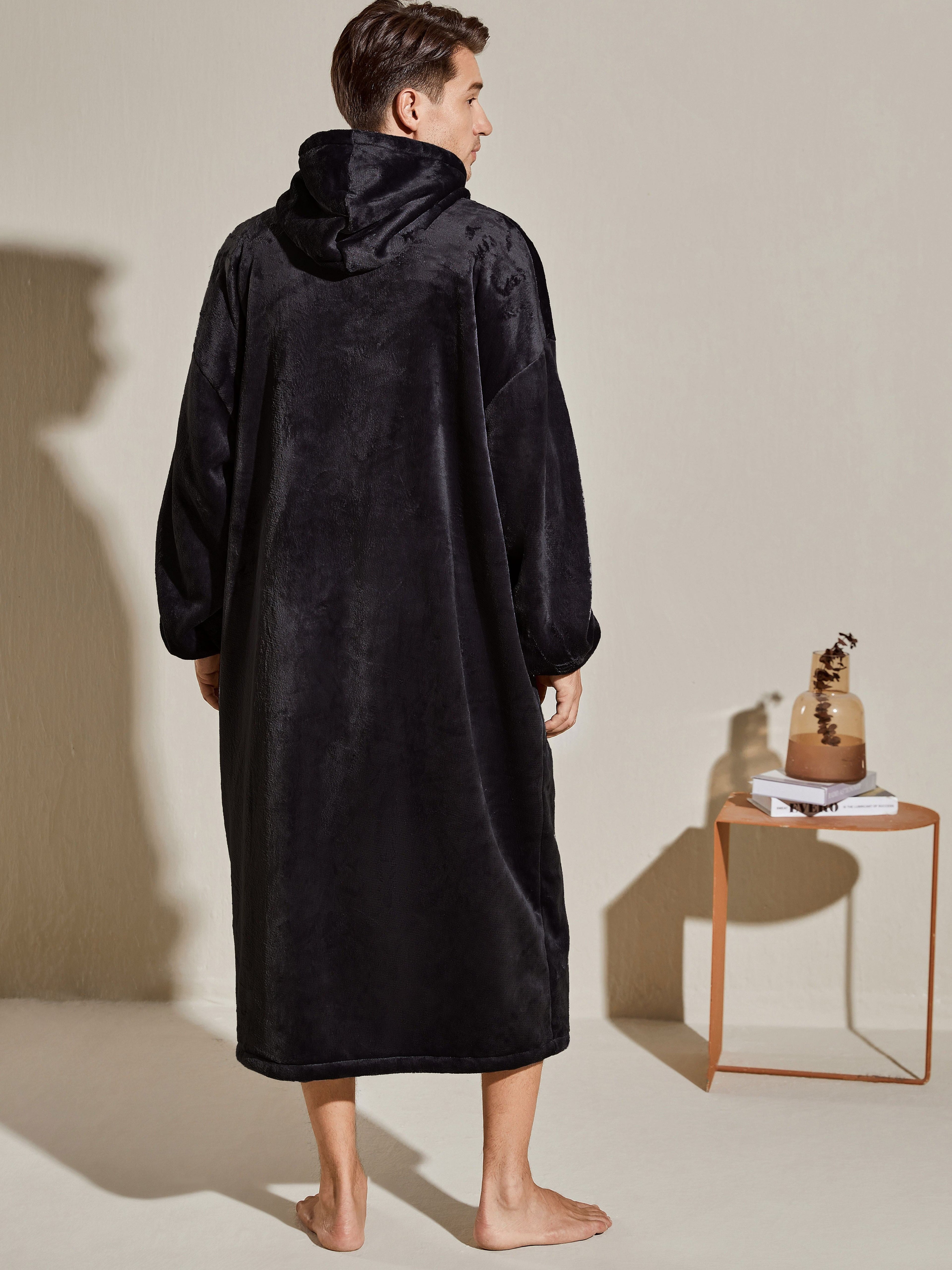 Men's Oversized Warm And Comfortable Flannel Blanket Robe, Long Sleeve Zipper Hoodie Sweatshirt Hooded Sleep Robe With Deep Pocket Pajamas Loungewear Robe For Autumn Winter