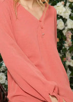 Blush V-neck Tie Cuff Blouse In Faded Coral | Femstylo - SJB-DIAMOND ELITES