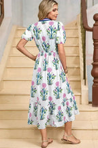 Blue Floral Ruffle Hem Pop of Color Neckline Dress