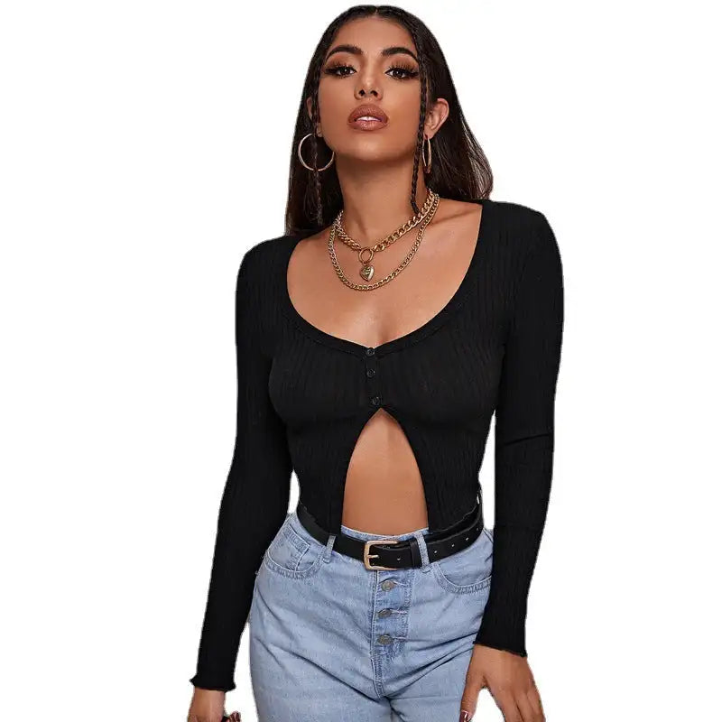 Long Sleeved Crop Cardigan Top Sexy Button Knit T-shirt - SJB-DIAMOND ELITES