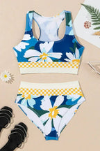 Green Floral Print Racerback High Waist Bikini Swimwear