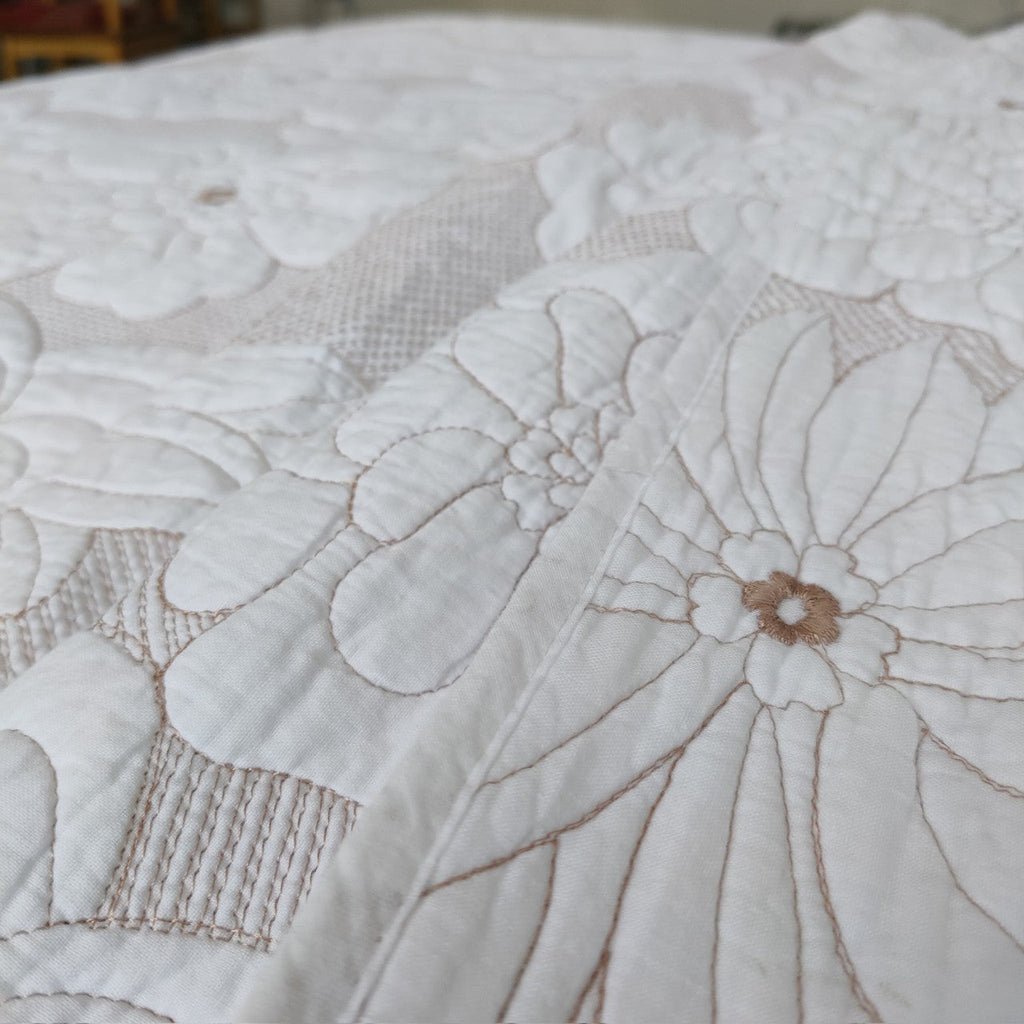 Cotton Thickened Pure White Beige Camellia Embroidery Three-piece Bed Cover Set Pi-Mart