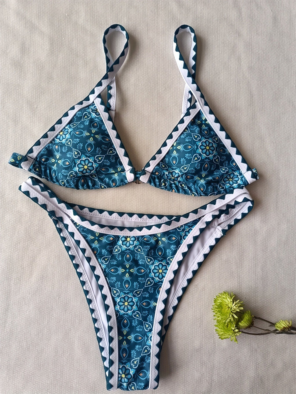 New Blossom Charm High-Cut Bikini Set For Summer – Strapless Floral Print Swimsuit with Elegant Embroidered Cut-Out Triangular Top Contrast Trim and Back Buckle – Women’s 2-Piece Summer Beachwear Stevvex