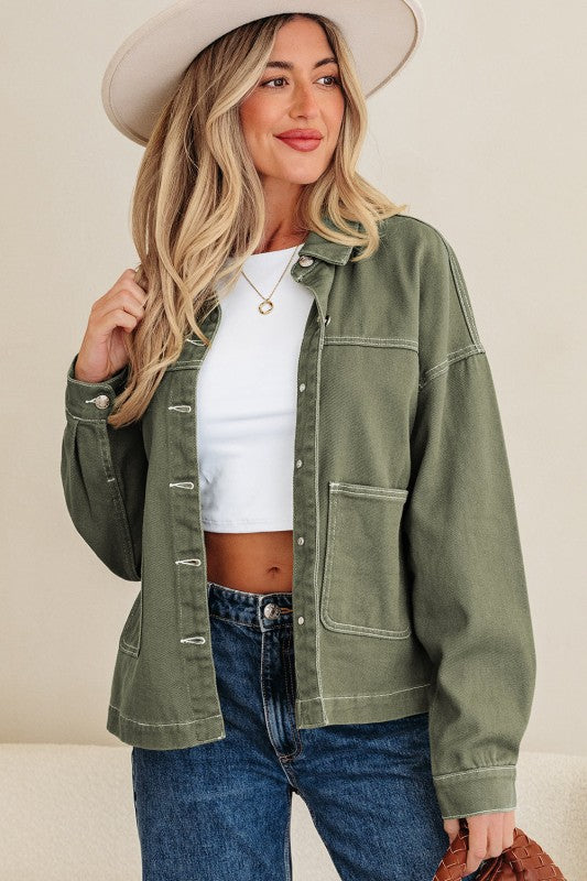 Denim Button-Up Patch Pocket Collared Jacket THRIXINE