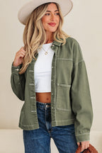 Denim Button-Up Patch Pocket Collared Jacket THRIXINE