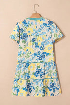 Blue Floral Print Striped Trim Puff Sleeve Mini Dress