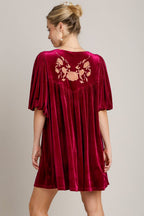 Embroidered Half Sleeve Velvet Mini Dress with Tassel For Women – Luxurious Velvet Dress, Embroidered Tassel Mini Dress, Elegant Party Dress Stevvex