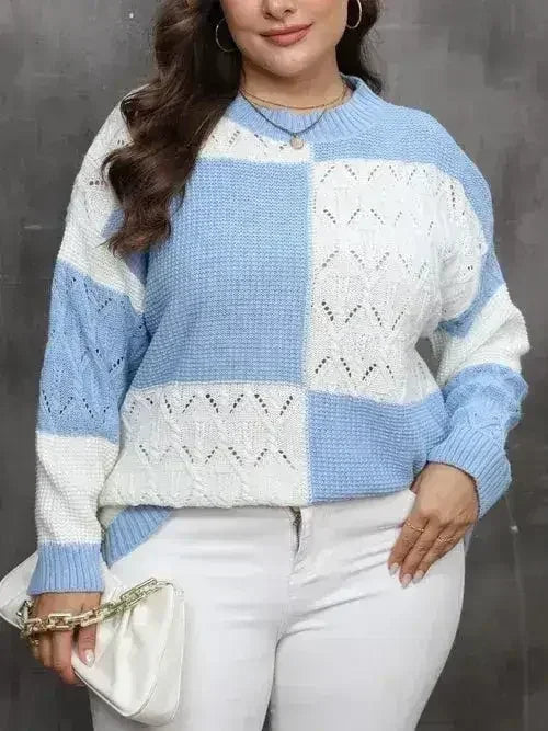Plus Size Openwork Color Block Long Sleeve Sweater - SJB-DIAMOND ELITES