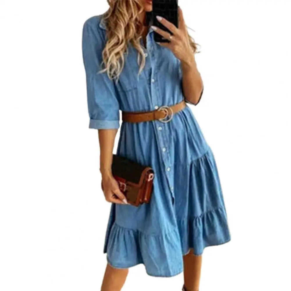 Denim Dress Three Quarter Sleeve with Belt Turn-down Collar Spring Autumn Buttons Ruffle Jeans Dresses for women 2023 Purplish Diva