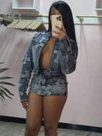 2 Piece Denim Sets Womens Outfits Spring Long Sleeve Zipper Jacket and Mini Skirt Set Sweet Sexy Outfits Wholesale Dropshipping Purplish Diva