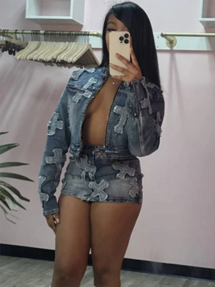 2 Piece Denim Sets Womens Outfits Spring Long Sleeve Zipper Jacket and Mini Skirt Set Sweet Sexy Outfits Wholesale Dropshipping Purplish Diva