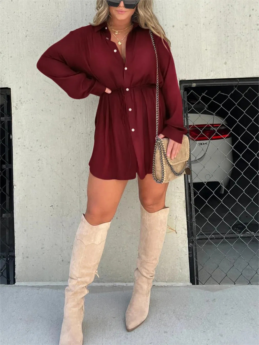 Women's Long Sleeve Jumpsuit With Button Fashion Shirt Dress Pi-Mart