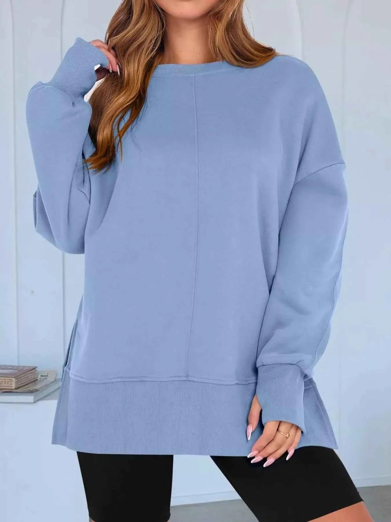 Side Slit Round Neck Long Sleeve Sweatshirt THRIXINE