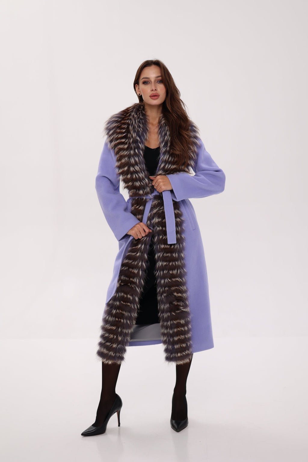 Genuine Silver Fox Virgin Wool Wrap Coat in Lavender - SJB-DIAMOND ELITES