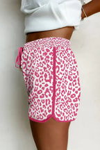 Blue Leopard Elastic Waist Lace up Contrast Trim Casual Shorts