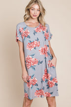 Floral Round Neck Short Tee Dress with Pockets For Women – Comfortable, Casual & Functional for Everyday Wear Stevvex