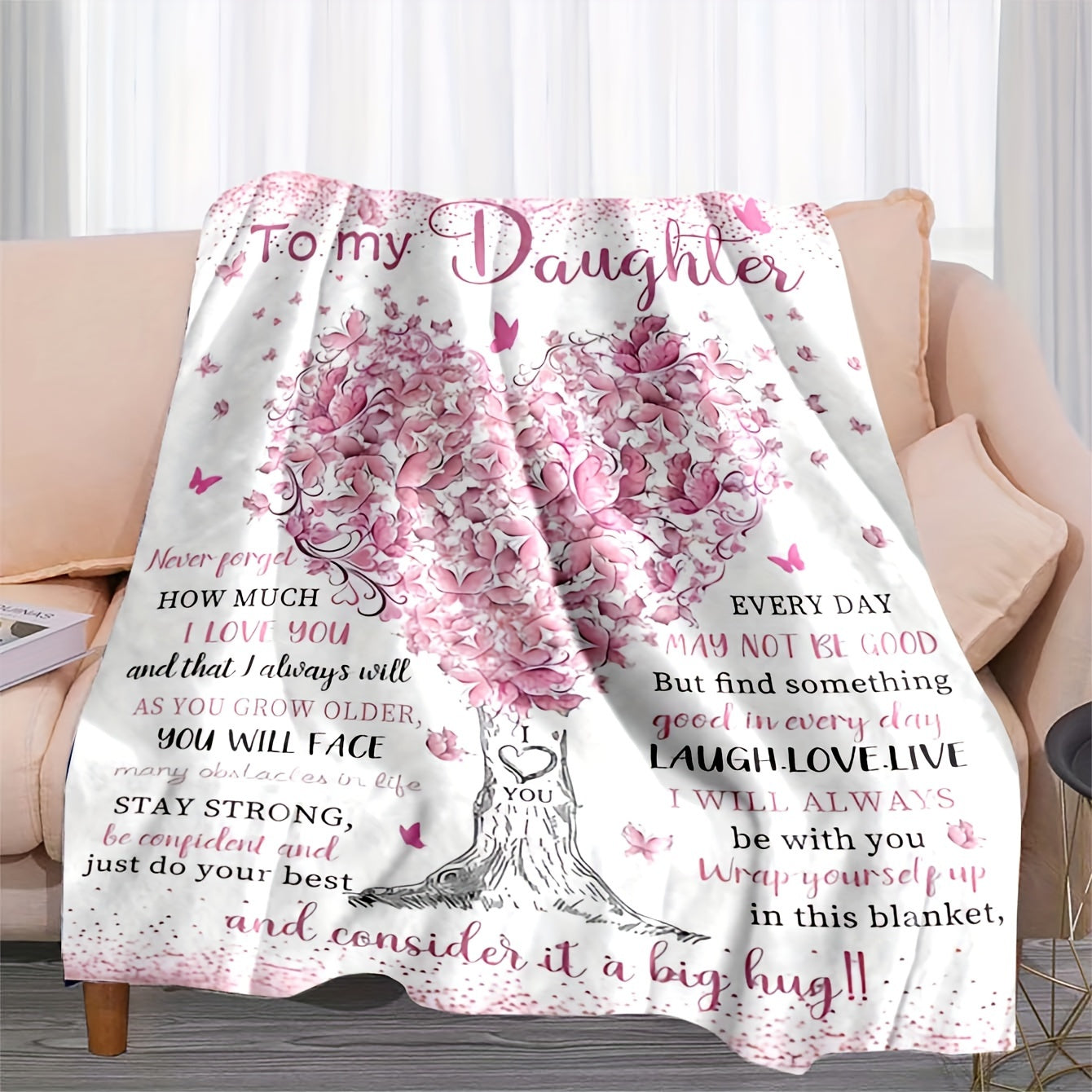 1pc To My Daughter Blanket Love Letter Fleece Blanket, Multi-functional Comfort Throw With Digital Tree Print, Collegiate Style, Special Gift For Daughter Lootquake LLC
