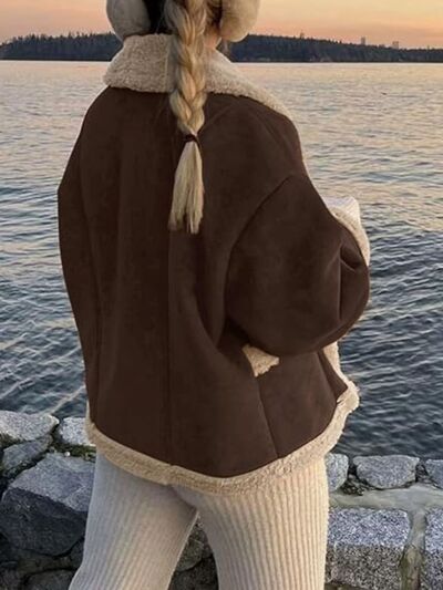 Fuzzy Collared Neck Long Sleeve Jacket with Buttoned Closure and Cozy Pockets Stevvex