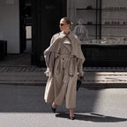 Women's Long Khaki Belted Cape Trench Coat Pi-Mart