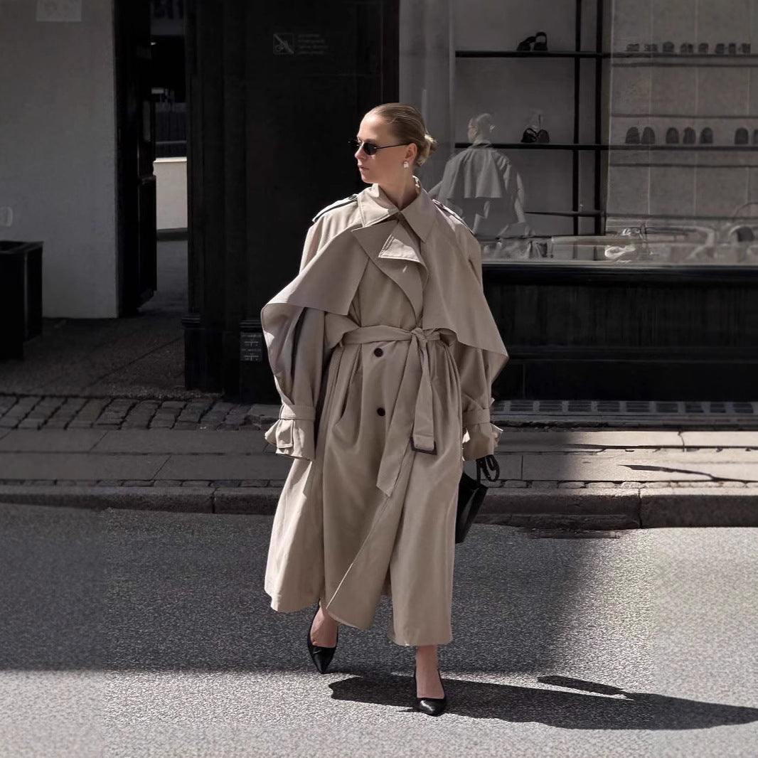 Women's Long Khaki Belted Cape Trench Coat Pi-Mart