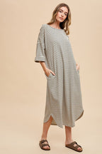 Striped Round Neck Midi Dress Soft & Stylish Classic Design Long Dress