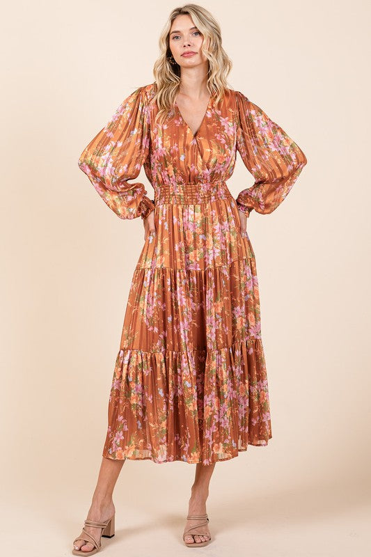 Flower Print Satin Lurex Stripe Smocked Midi Summer Dress – Elegant Midi Dress, Satin Lurex Dress, Floral Dress, Smocked Waist Dress, Romantic Midi Dress, Special Occasion Dress Stevvex