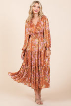Flower Print Satin Lurex Stripe Smocked Midi Summer Dress – Elegant Midi Dress, Satin Lurex Dress, Floral Dress, Smocked Waist Dress, Romantic Midi Dress, Special Occasion Dress Stevvex