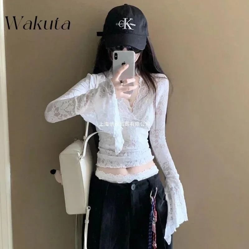 WAKUTA Sexy Lace Shirt V-neck Long-sleeved Outwear Tops Fall Short Tight Design Pure Desire Hottie Inner Pullovers Кофта Женская Purplish Diva