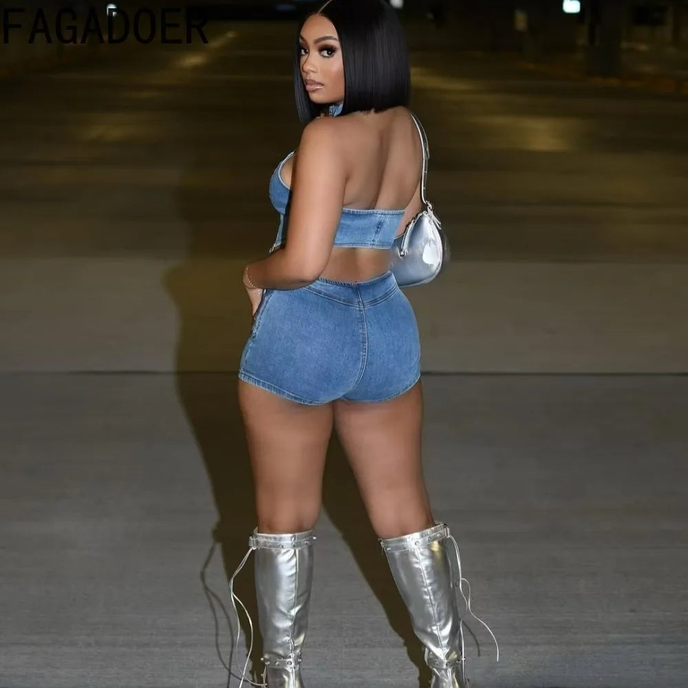 FAGADOER Y2K Sexy Denim 2 Piece Sets Woman Outfit Zipper Sleeveless Backless Halter Crop Top and Shorts Suits Female Streetwear Purplish Diva