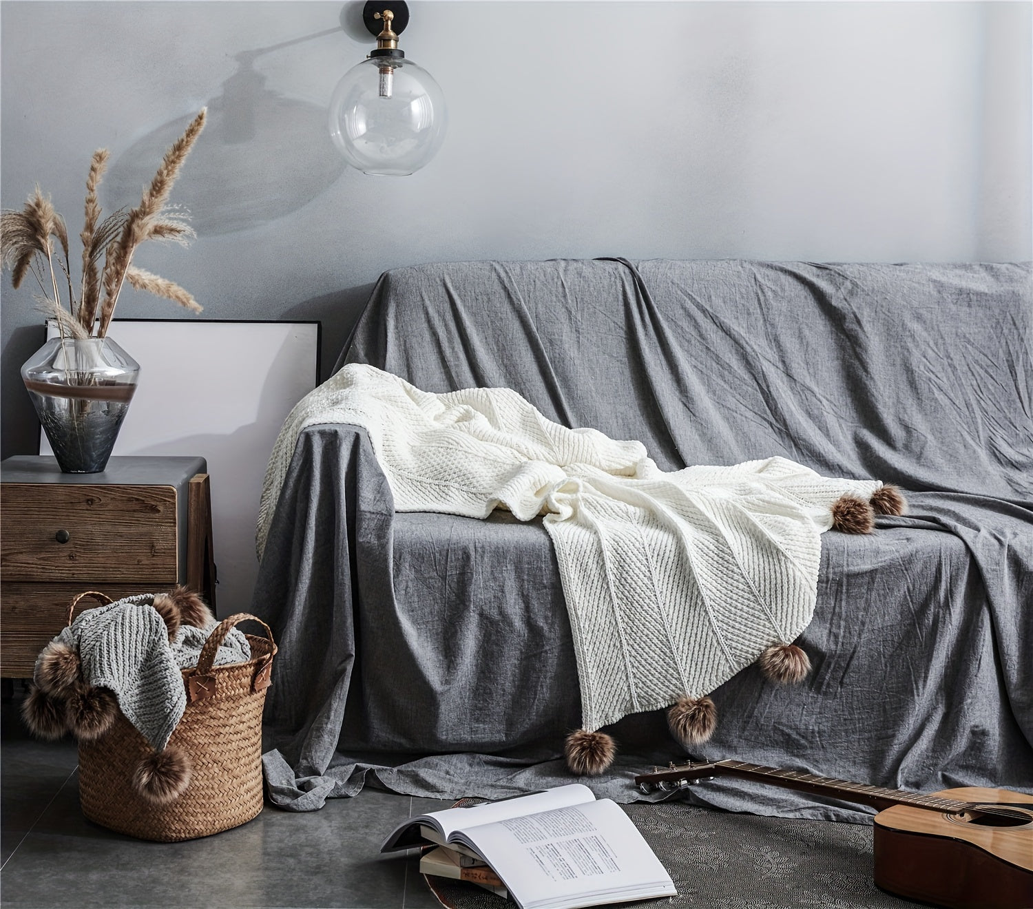 Vintage Chunky Knit Throw Blanket with Pom-pom Embellishment, Space Theme, All Seasons Polyester Cover, Knitted Casual Office Living Room Bedroom Nap Sofa Bed End Blanket 1PC Lootquake LLC