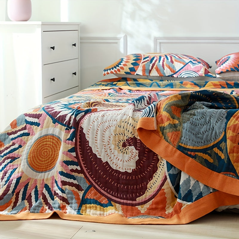4 Layers Boho Style Gauze Blanket Set - Soft, Breathable, Lightweight, 100% Cotton, Colorful Muslin Throw Blanket for All Seasons with 1 Boho Gauze Blanket and 2 Pillow Covers without Pocket