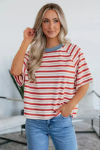 Tomato Red Striped Raglan Sleeve Contrast Neck T-Shirt