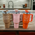 40oz Pink Insulated Tumbler With Handle, Lid and Straw, Funny Bruh Mom Cup BandsCo Straps