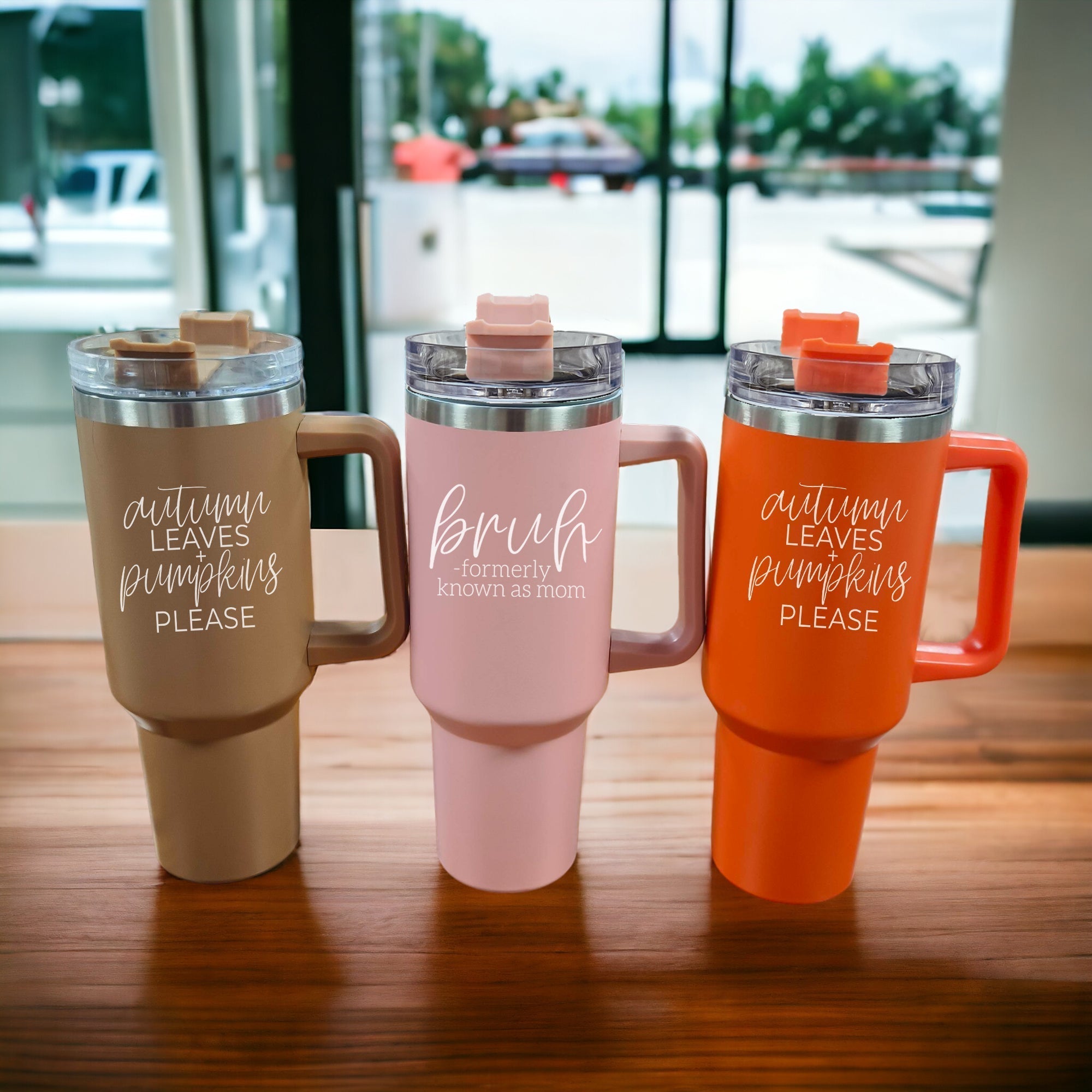 40oz Pink Insulated Tumbler With Handle, Lid and Straw, Funny Bruh Mom Cup BandsCo Straps