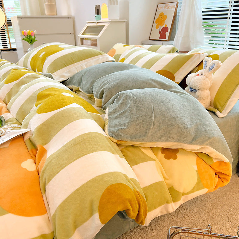 Nordic Striped Coral Fleece Duvet Cover Flannel Sheet Cover Three-piece Set Pi-Mart